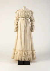 White cutwork embroidered cotton gown with spencer-style bodice, 1815
